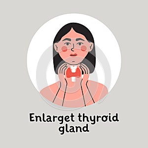 Woman showing enlarget thyroid gland on her neck. Endocrinology system symbol, organ responsible for hormone production