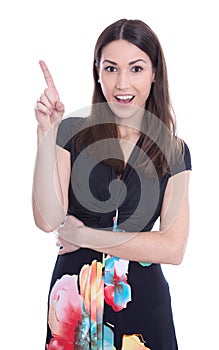 Woman showing finger in blank area.