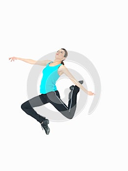 woman showing fitness moves, white background