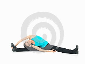 woman showing fitness moves, white background