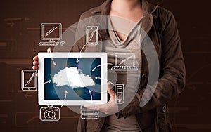 Woman showing hand drawn cloud computing