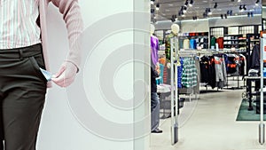 Woman showing her empty pocket on the wall background in the mall