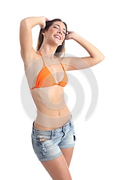 Woman showing her laser hair removal armpits photo