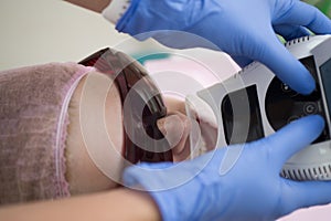 Woman showing her perfect straight white teeth. Close-up portrait of a female patient visiting dentist for teeth