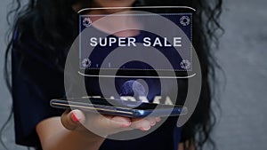 Woman showing HUD hologram Super sale