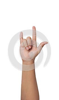 Woman showing I love you hand symbol gesture isolated on white with clipping path