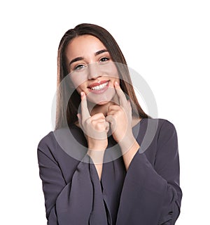 Woman showing LAUGH gesture in sign language