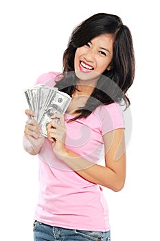 Woman showing money isolated on white background