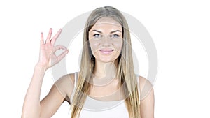 Woman Showing Ok Sign, White Background