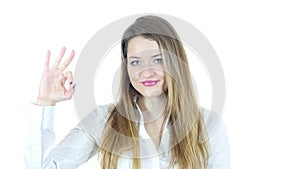 Woman Showing Ok Sign, White Background, Young,