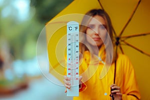 Woman Showing an Outdoor Thermometer During a Rainy Day