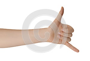 Woman showing shaka gesture isolated on white, closeup