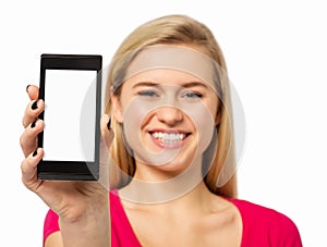 Woman Showing Smart Phone Against White Background