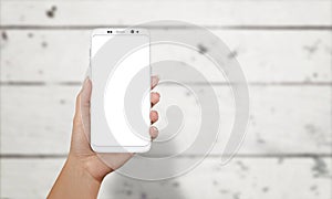 Woman showing smart phone with round edges. Moder phone with isolated screen for mockup photo