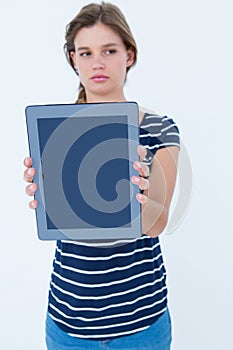 Woman showing tablet pc