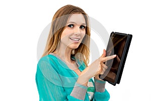 Woman showing tablet screen