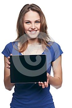Woman showing tablet screen smiling