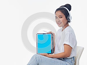 Woman showing tablet on white background