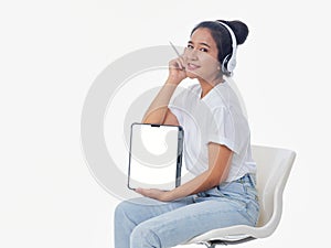 Woman showing tablet on white background