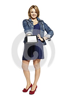 Woman showing touchpad tablet