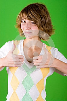 Woman showing trumb gesture