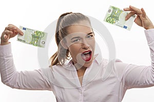 A woman showing two bills of 100 euro