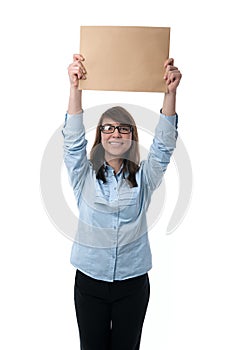 Woman shows finger the envelope
