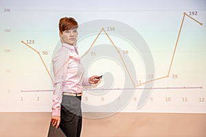 Woman shows on the graph the development of corporate assets