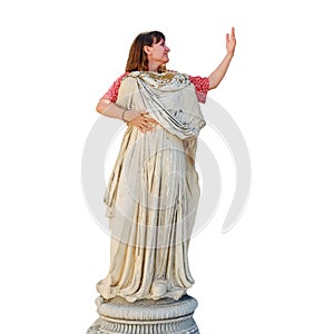 woman shows hand gesture as philosophers in ancient Greece, isolate