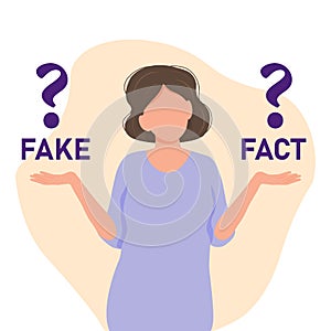 Woman shrugging with a curious expression and trying to choose between fake and fact, doubt or question