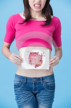 Woman with sick intestine concept