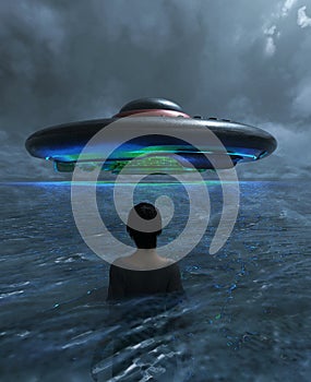 Woman sighting a UFO above the sea photo