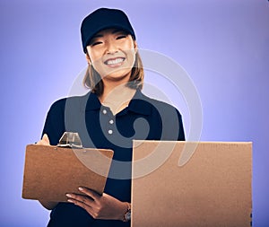 Woman sign document, clipboard and delivery box, shipping invoice and e commerce on purple background. Supply chain