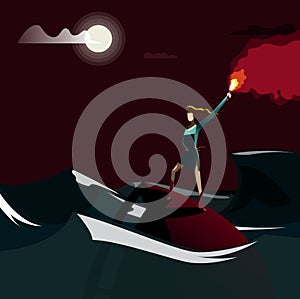Woman with Signal Flare Standing on a Sinking Ship