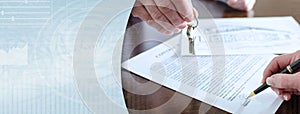 Woman signing a real estate contract (Lorem Ipsum Text); panoramic banner