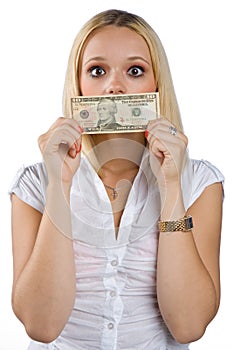 Woman silenced with dollar bill on her mouth