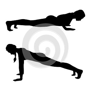 Woman silhouette in high and low plank pose. Yogi woman training her body muscles. Vector illustration