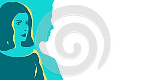 Woman. Silhouette of human. Stylized retro style. Pop art people. Side view in profile. Colorful template. Simple realistic