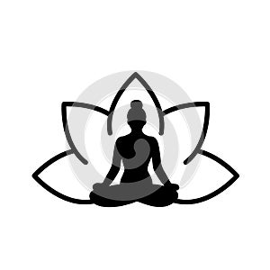 Woman silhouette inside a lotus flower. Yoga lotus position. Black color. Vector illustration, flat design