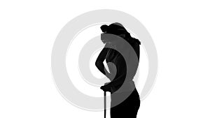 Woman silhouette measuring her waistline, diet and healthcare, weight loss