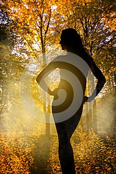 Woman silhouette over autumn forest background