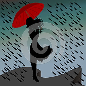 Woman silhouette in the rain with an umbrella