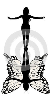 Woman silhouette with realistic butterfly shadow