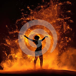 Woman silhouette standing on red flame background. Fireshow in dark night. Girl dancing in burning fire