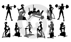 Gym Fitness Equipment Woman Silhouettes Set