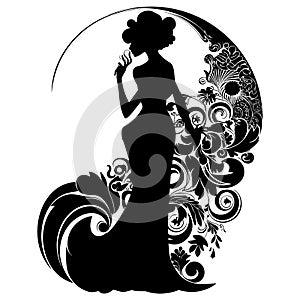 Woman silhouette with vintage floral round frame in art nouveau style. Vector black beautiful woman silhouette on white background