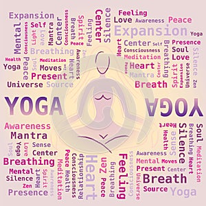 Woman Silhouette in Yoga Posture surrounded with Words - Word Cloud Yoga