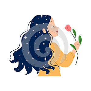 Woman with silky long hair holding a flower. Feminism clip art.