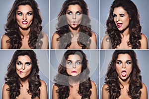 Woman with silly faces. Set of different facial expressions.