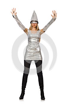 The woman in silver dress isolated on white